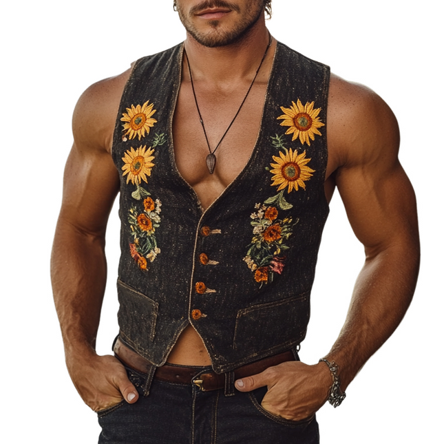 Men's Denim Vest | Sunflower Embroidery | V-Neck Design | Sleeveless Summer Outerwear | High-Quality Durable Fabric | Trendy Casual Layering | Stylish Artistic Detail | Perfect for Warm Weather