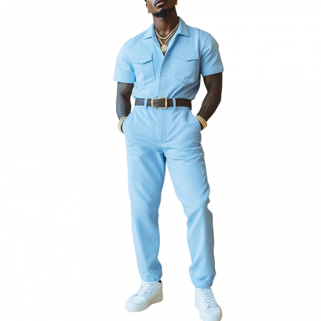 Men's Cotton Jumpsuit | Short Sleeve Lapel Collar | Slim Fit Workwear | Chest Pocket | Breathable Comfortable Fabric | Multi-Size Options | Easy Care | Casual Office & Everyday Style