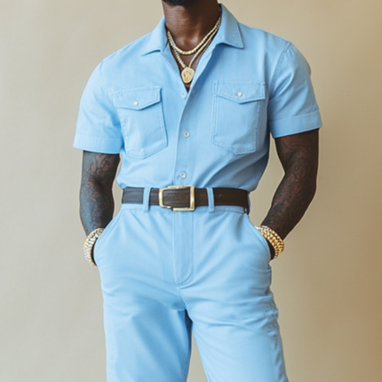 Men's Cotton Jumpsuit | Short Sleeve Lapel Collar | Slim Fit Workwear | Chest Pocket | Breathable Comfortable Fabric | Multi-Size Options | Easy Care | Casual Office & Everyday Style