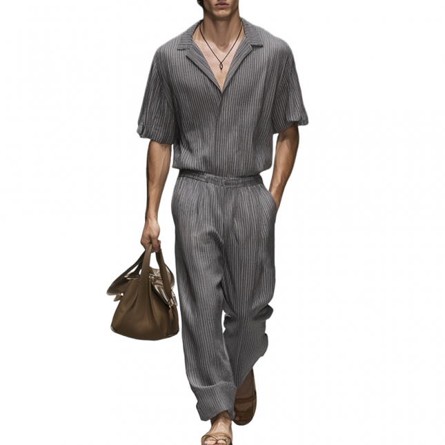 Men's Casual Cotton Jumpsuit | Striped Lapel Short Sleeve | Loose Fit | Holiday One-Piece | Breathable Comfortable Fabric | Versatile Everyday Style | Functional Pockets | Easy Care