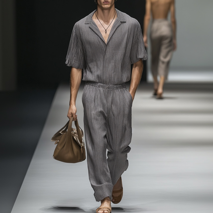 Men's Casual Cotton Jumpsuit | Striped Lapel Short Sleeve | Loose Fit | Holiday One-Piece | Breathable Comfortable Fabric | Versatile Everyday Style | Functional Pockets | Easy Care