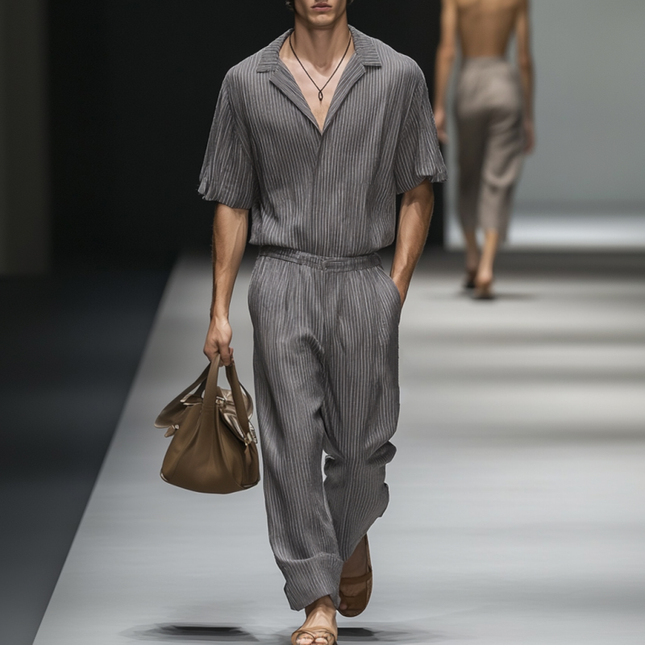 Men's Casual Cotton Jumpsuit | Striped Lapel Short Sleeve | Loose Fit | Holiday One-Piece | Breathable Comfortable Fabric | Versatile Everyday Style | Functional Pockets | Easy Care