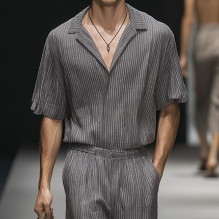 Men's Casual Cotton Jumpsuit | Striped Lapel Short Sleeve | Loose Fit | Holiday One-Piece | Breathable Comfortable Fabric | Versatile Everyday Style | Functional Pockets | Easy Care