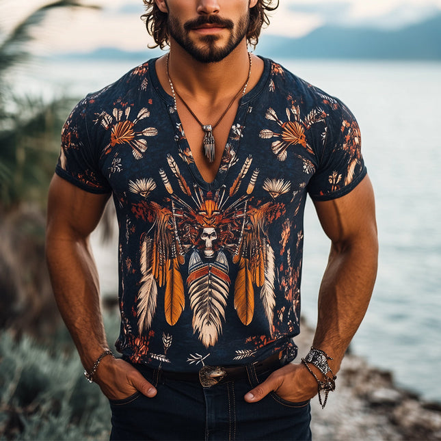 Men's Vintage Aboriginal Print T-Shirt | V-Neck Short Sleeve | Casual Artistic Top | Comfortable Fit | Unique Design | MTA1183D4X
