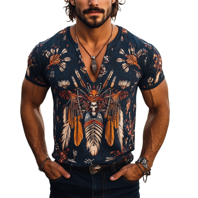 Men's Vintage Aboriginal Print T-Shirt | V-Neck Short Sleeve | Casual Artistic Top | Comfortable Fit | Unique Design | MTA1183D4X