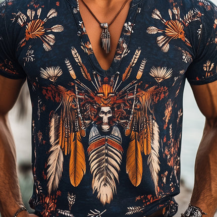Men's Vintage Aboriginal Print T-Shirt | V-Neck Short Sleeve | Casual Artistic Top | Comfortable Fit | Unique Design | MTA1183D4X