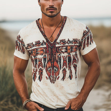 Men's V-Neck T-Shirt | Vintage Feather Print | Short Sleeve | Breathable Fabric | Casual & Stylish