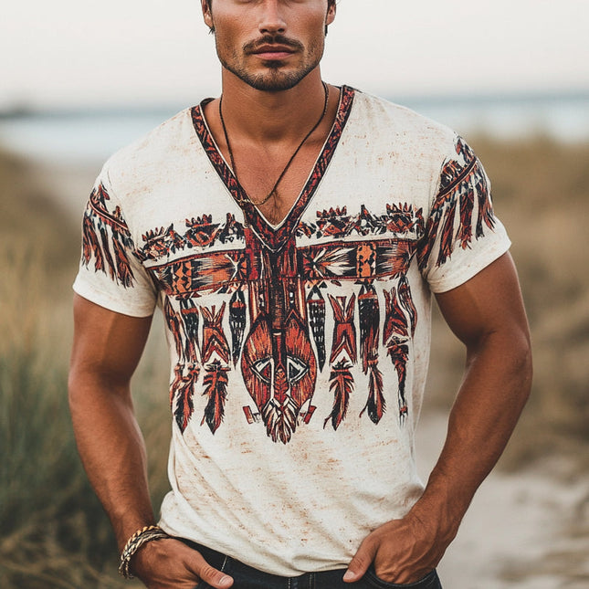 Men's V-Neck T-Shirt | Vintage Feather Print | Short Sleeve | Breathable Fabric | Casual & Stylish