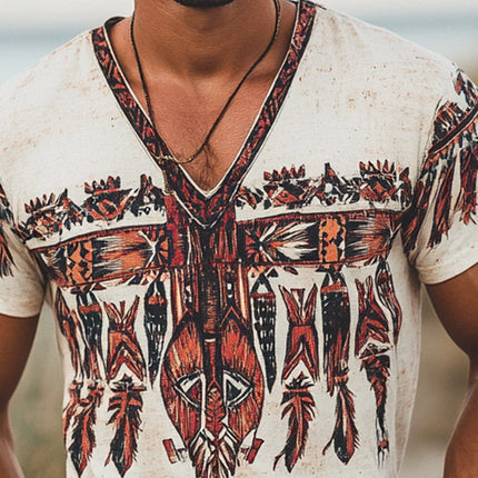 Men's V-Neck T-Shirt | Vintage Feather Print | Short Sleeve | Breathable Fabric | Casual & Stylish