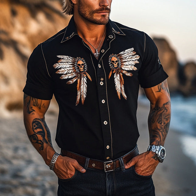 Men's Vintage Skull Print Shirt | Short Sleeve Button-Down | Breathable Fabric | Casual Wear | Edgy Skull Graphic | Fashion for Warmer Weather | Unique Bold Style