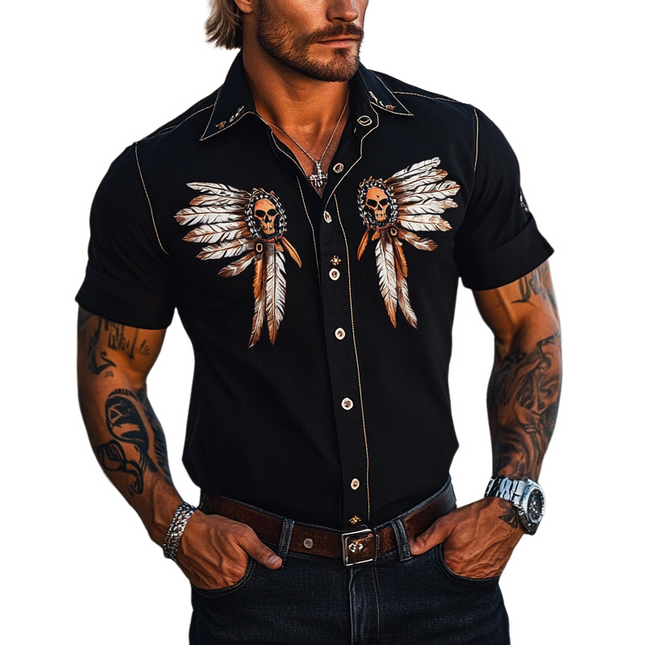 Men's Vintage Skull Print Shirt | Short Sleeve Button-Down | Breathable Fabric | Casual Wear | Edgy Skull Graphic | Fashion for Warmer Weather | Unique Bold Style