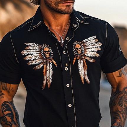 Men's Vintage Skull Print Shirt | Short Sleeve Button-Down | Breathable Fabric | Casual Wear | Edgy Skull Graphic | Fashion for Warmer Weather | Unique Bold Style