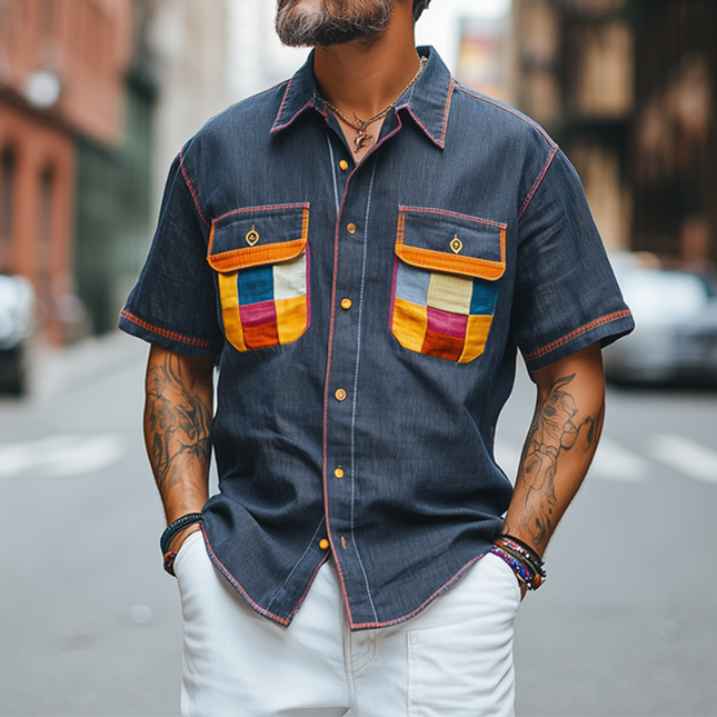 Men's Color-block Short-sleeved Shirt | Spring Fashion | Casual Cotton Linen Blend | Breathable Fabric | Relaxed Fit | Durable Construction | Easy Pairing | Trendy Design | Ideal for Warm Weather