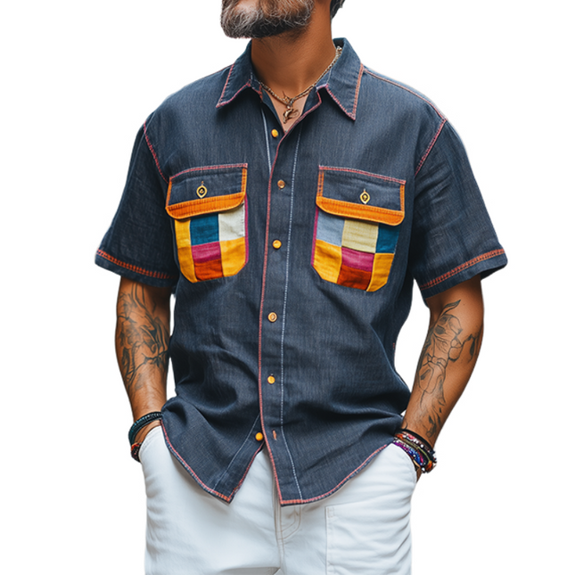 Men's Color-block Short-sleeved Shirt | Spring Fashion | Casual Cotton Linen Blend | Breathable Fabric | Relaxed Fit | Durable Construction | Easy Pairing | Trendy Design | Ideal for Warm Weather