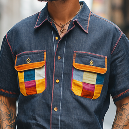 Men's Color-block Short-sleeved Shirt | Spring Fashion | Casual Cotton Linen Blend | Breathable Fabric | Relaxed Fit | Durable Construction | Easy Pairing | Trendy Design | Ideal for Warm Weather