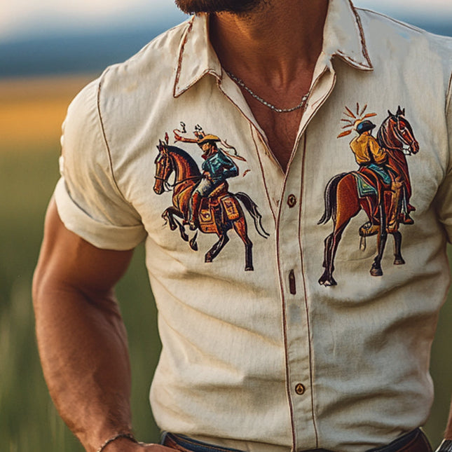 Men's Denim Shirt | Western Vintage Style | Casual Short Sleeve | Authentic Detail | Breathable Comfort | Effortless Style | Wear with Jeans or Chinos | Machine Washable | Timeless Appeal