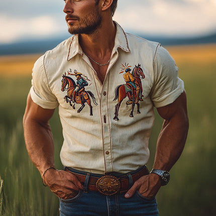 Men's Denim Shirt | Western Vintage Style | Casual Short Sleeve | Authentic Detail | Breathable Comfort | Effortless Style | Wear with Jeans or Chinos | Machine Washable | Timeless Appeal