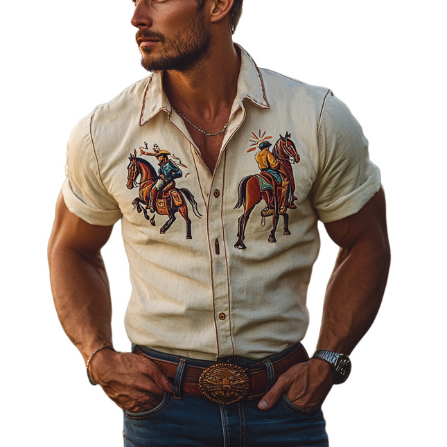 Men's Denim Shirt | Western Vintage Style | Casual Short Sleeve | Authentic Detail | Breathable Comfort | Effortless Style | Wear with Jeans or Chinos | Machine Washable | Timeless Appeal