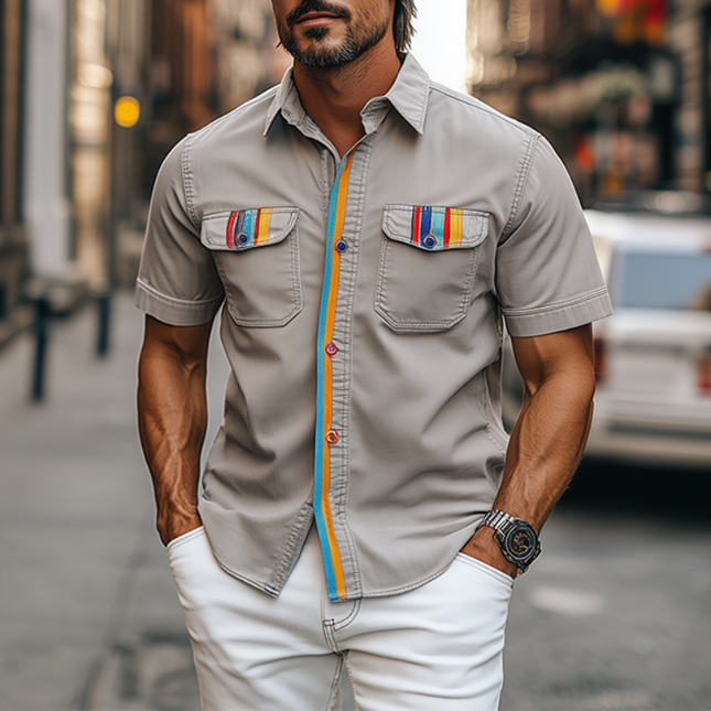 Men's Spring Fashion Shirt | Casual Short Sleeve | Contrast Stripe Pocket | Plain Cotton | Relaxed Fit | Versatile Style | Breathable Fabric | Easy Care | Ideal for Spring