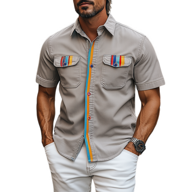 Men's Spring Fashion Shirt | Casual Short Sleeve | Contrast Stripe Pocket | Plain Cotton | Relaxed Fit | Versatile Style | Breathable Fabric | Easy Care | Ideal for Spring