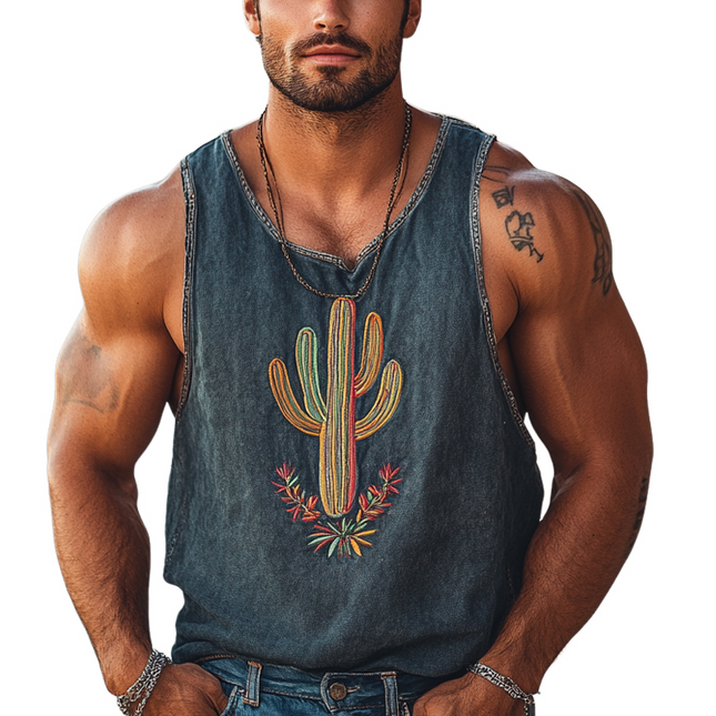 Men's Vintage Washed Cactus Embroidered Tank Top | Round Neck | Soft Breathable Fabric | High-Quality Cotton Blend | Timeless Style | Casual Wardrobe Essential | Unique Chest Embroidery | Regular Fit