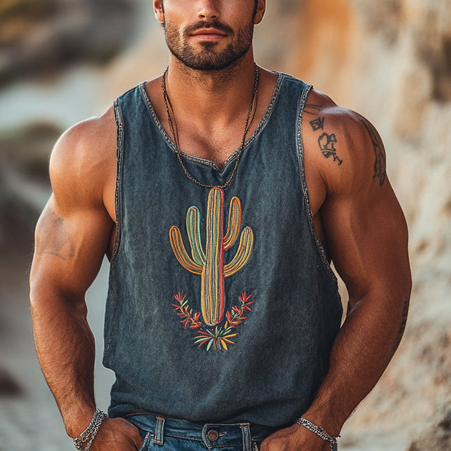 Men's Vintage Washed Cactus Embroidered Tank Top | Round Neck | Soft Breathable Fabric | High-Quality Cotton Blend | Timeless Style | Casual Wardrobe Essential | Unique Chest Embroidery | Regular Fit