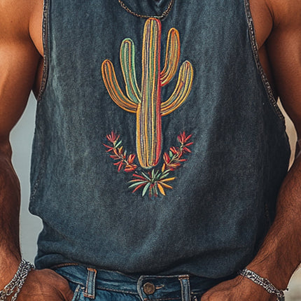 Men's Vintage Washed Cactus Embroidered Tank Top | Round Neck | Soft Breathable Fabric | High-Quality Cotton Blend | Timeless Style | Casual Wardrobe Essential | Unique Chest Embroidery | Regular Fit