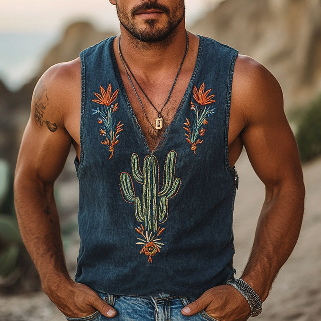 Men's V-Neck Sleeveless Top | Vintage Washed Cactus Embroidery | Comfortable Casual Fashion | Breathable Soft Fabric | Stylish Rugged Look | Versatile Pairing | Unique Design