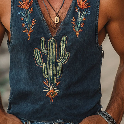 Men's V-Neck Sleeveless Top | Vintage Washed Cactus Embroidery | Comfortable Casual Fashion | Breathable Soft Fabric | Stylish Rugged Look | Versatile Pairing | Unique Design