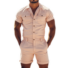 Men's Spring Fashion | Casual Slim Fit Jumpsuit | Twill Cotton Fabric | Short Sleeve | Shirt Shorts Design | Functional Pockets | Versatile Style | Cool Summer Outfit