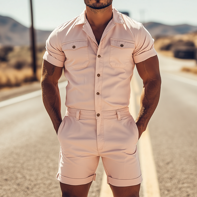 Men's Spring Fashion | Casual Slim Fit Jumpsuit | Twill Cotton Fabric | Short Sleeve | Shirt Shorts Design | Functional Pockets | Versatile Style | Cool Summer Outfit