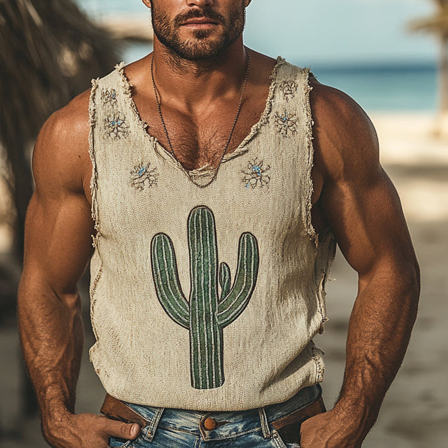Men's Vintage Tank Top | Cactus Embroidered | Breathable Fabric | Casual Style | Summer Apparel