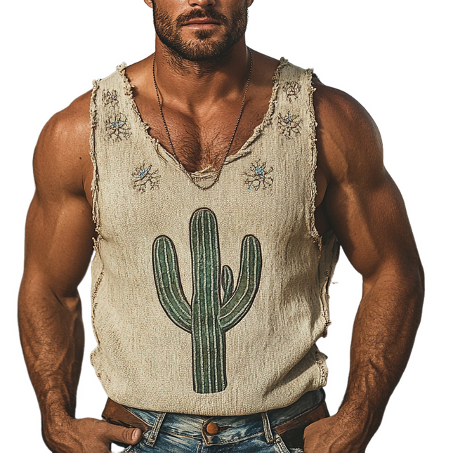 Men's Vintage Tank Top | Cactus Embroidered | Breathable Fabric | Casual Style | Summer Apparel