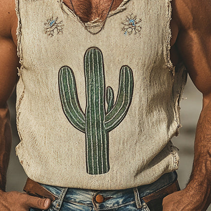 Men's Vintage Tank Top | Cactus Embroidered | Breathable Fabric | Casual Style | Summer Apparel
