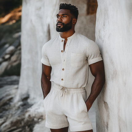 Men's Linen Shorts Jumpsuit | Casual Slim Fit | Stand Collar | Patch Pockets | Short Sleeve | Lightweight Breathable Fabric | Summer Style | Versatile Outfits | Comfortable and Stylish