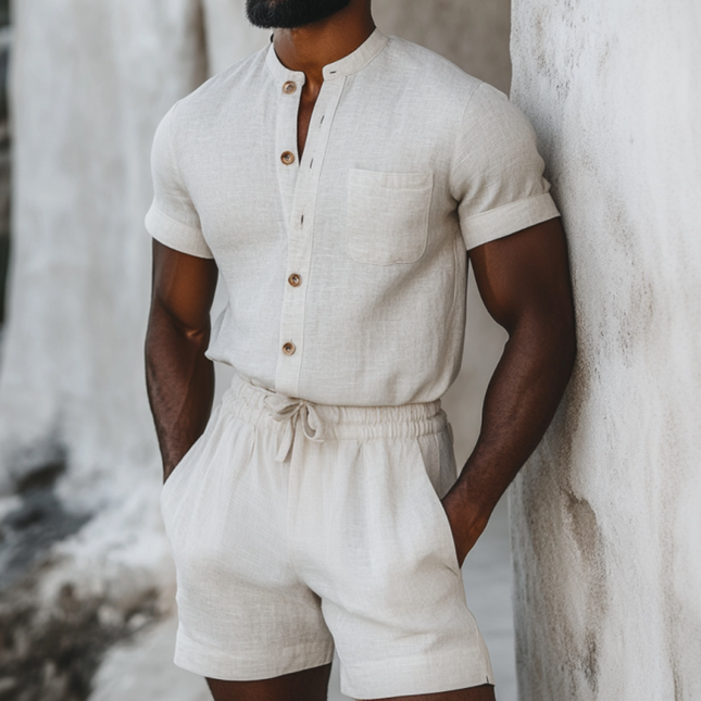 Men's Linen Shorts Jumpsuit | Casual Slim Fit | Stand Collar | Patch Pockets | Short Sleeve | Lightweight Breathable Fabric | Summer Style | Versatile Outfits | Comfortable and Stylish