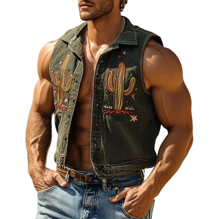 Men's Denim Vest | Cactus Embroidery | Fun Lapel Design | Premium Quality | Durable & Comfortable Denim | Versatile Outerwear | Unique Style for Casual & Fashionable Looks