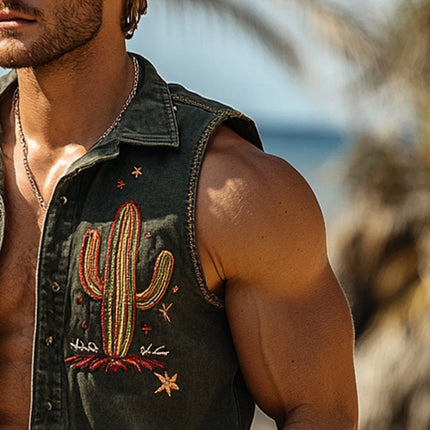 Men's Denim Vest | Cactus Embroidery | Fun Lapel Design | Premium Quality | Durable & Comfortable Denim | Versatile Outerwear | Unique Style for Casual & Fashionable Looks
