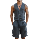 Men's Linen Jumpsuit | V-Neck Single Breasted | Sleeveless Slim Fit | Casual Shorts Style | Lightweight & Breathable | Summer Fashion | Elegant Design | Perfect for Beach & Outings | Versatile Wardrobe Essential