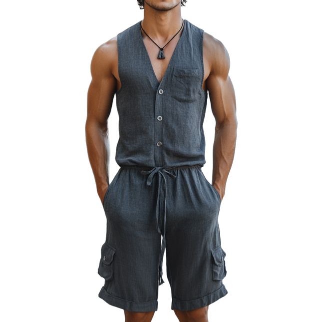 Men's Linen Jumpsuit | V-Neck Single Breasted | Sleeveless Slim Fit | Casual Shorts Style | Lightweight & Breathable | Summer Fashion | Elegant Design | Perfect for Beach & Outings | Versatile Wardrobe Essential