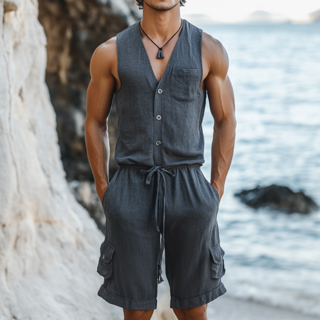 Men's Linen Jumpsuit | V-Neck Single Breasted | Sleeveless Slim Fit | Casual Shorts Style | Lightweight & Breathable | Summer Fashion | Elegant Design | Perfect for Beach & Outings | Versatile Wardrobe Essential