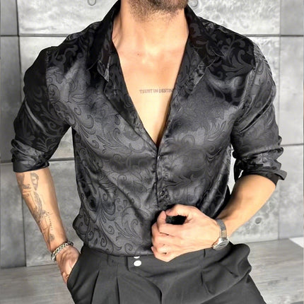 Men's Retro Satin Shirt | Long Sleeve Lapel | Printed Casual Dress Shirt | Vintage Style | Soft Luxurious Feel | Lightweight Breathable Fabric  | Versatile | S to 3XL | Ideal for Casual Outings