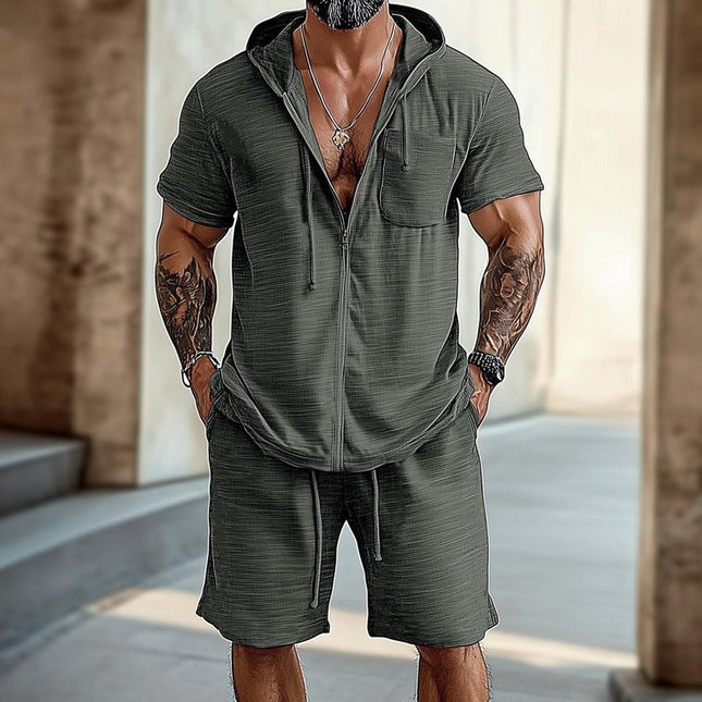 Men's Summer Casual Set | Hooded Short Sleeve Top & Shorts | Lightweight Breathable Fabric | Urban Sporty Style | Neutral Colors | Comfortable Relaxed Fit | Ideal for Casual Outings or Light Workouts