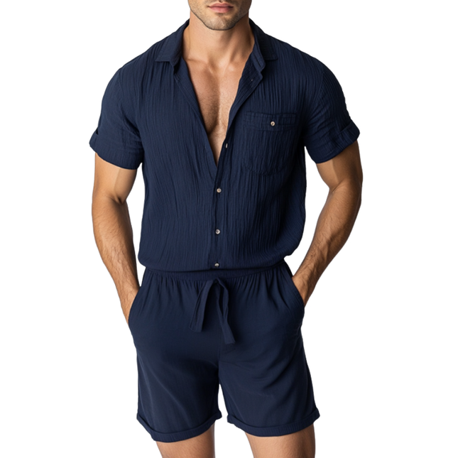 Men's Slim Fit Jumpsuit | Casual Cotton Linen Blend | Pleated Lapel | Patch Pockets | Short Sleeve | Shorts Style | Breathable Comfort | Modern Summer Wardrobe | Versatile Day to Evening Wear | Easy Care