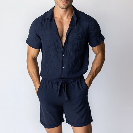 Men's Slim Fit Jumpsuit | Casual Cotton Linen Blend | Pleated Lapel | Patch Pockets | Short Sleeve | Shorts Style | Breathable Comfort | Modern Summer Wardrobe | Versatile Day to Evening Wear | Easy Care