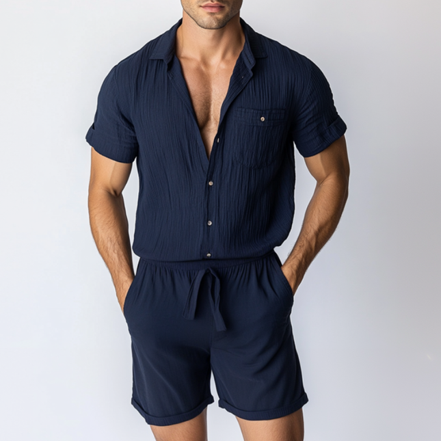Men's Slim Fit Jumpsuit | Casual Cotton Linen Blend | Pleated Lapel | Patch Pockets | Short Sleeve | Shorts Style | Breathable Comfort | Modern Summer Wardrobe | Versatile Day to Evening Wear | Easy Care