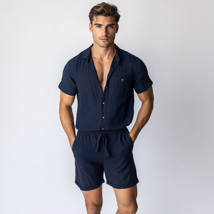 Men's Slim Fit Jumpsuit | Casual Cotton Linen Blend | Pleated Lapel | Patch Pockets | Short Sleeve | Shorts Style | Breathable Comfort | Modern Summer Wardrobe | Versatile Day to Evening Wear | Easy Care