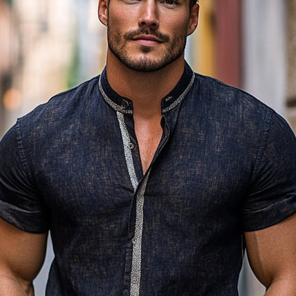 Men's Casual Short Sleeve Shirt | Cotton Linen Blend | Stand Collar | Solid Color | Breathable Lightweight | Relaxed Fit | Versatile Wardrobe Essential | Stylish Minimalist Design | Timeless Elegance