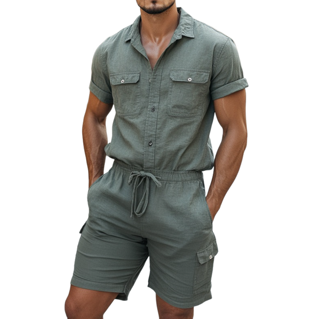 Men's Cotton Linen Short Sleeve Jumpsuit | Casual Lapel Collar | Multi-Pocket Design | Slim Fit Cargo Shorts | Versatile Summer Style | Breathable Fabric | Outdoor Adventure & Casual Outing