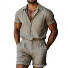 Men's Cotton Linen Jumpsuit | Short Sleeve | Slim Fit | Lapel Collar | Patch Pockets | Shorts Length | Casual Summer Outfit